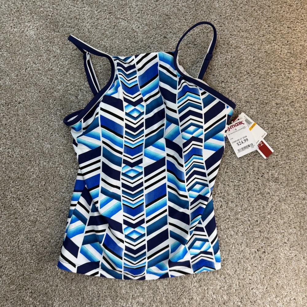 Jantzen Tankini Swim Top Womens Small Blue Chevron Built In Bra Lined Padded
